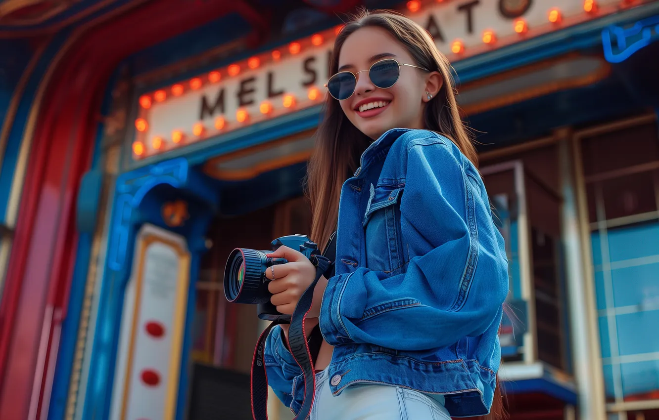 Photo wallpaper girl, camera, beautiful, sunglasses, AI Art