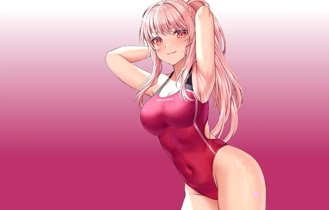 Photo wallpaper girl, sexy, Anime, boobs, pink, swimsuit, breasts, armpit