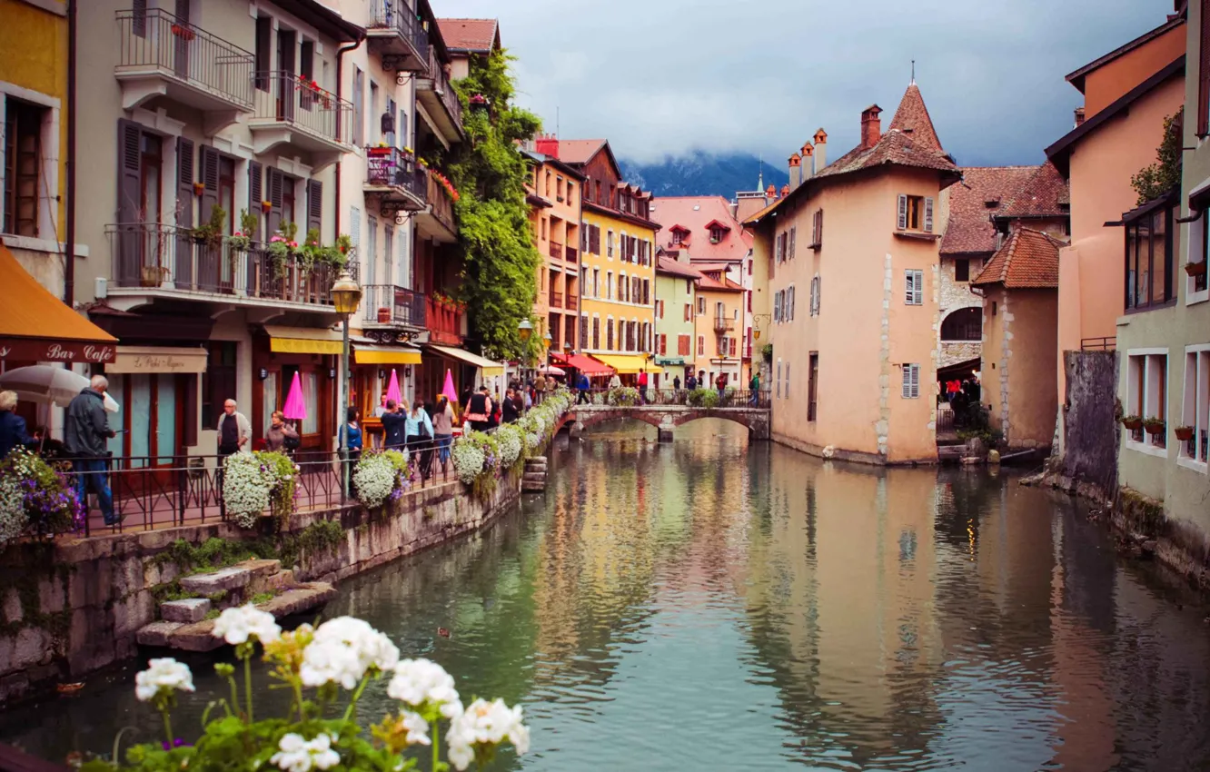 Photo wallpaper flowers, river, France, home, Alps, Annecy