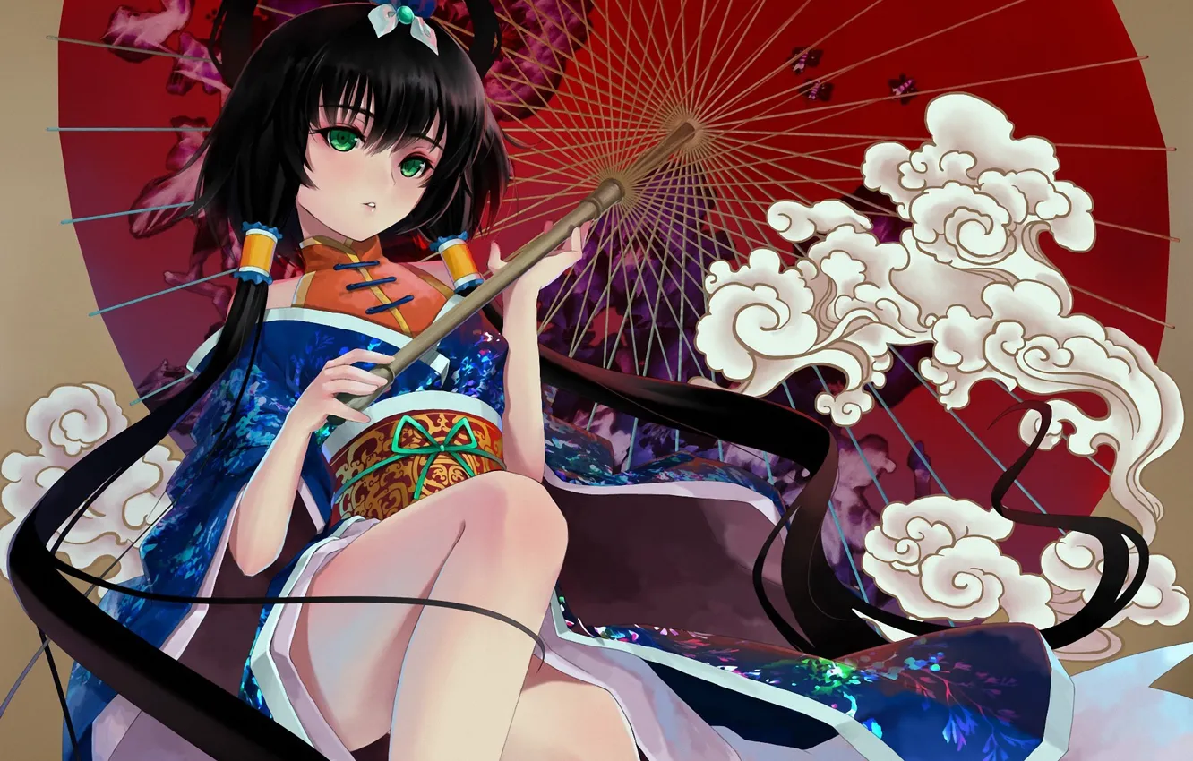 Photo wallpaper girl, clouds, umbrella, art, vocaloid, yukata, okingjo, luo tianyi