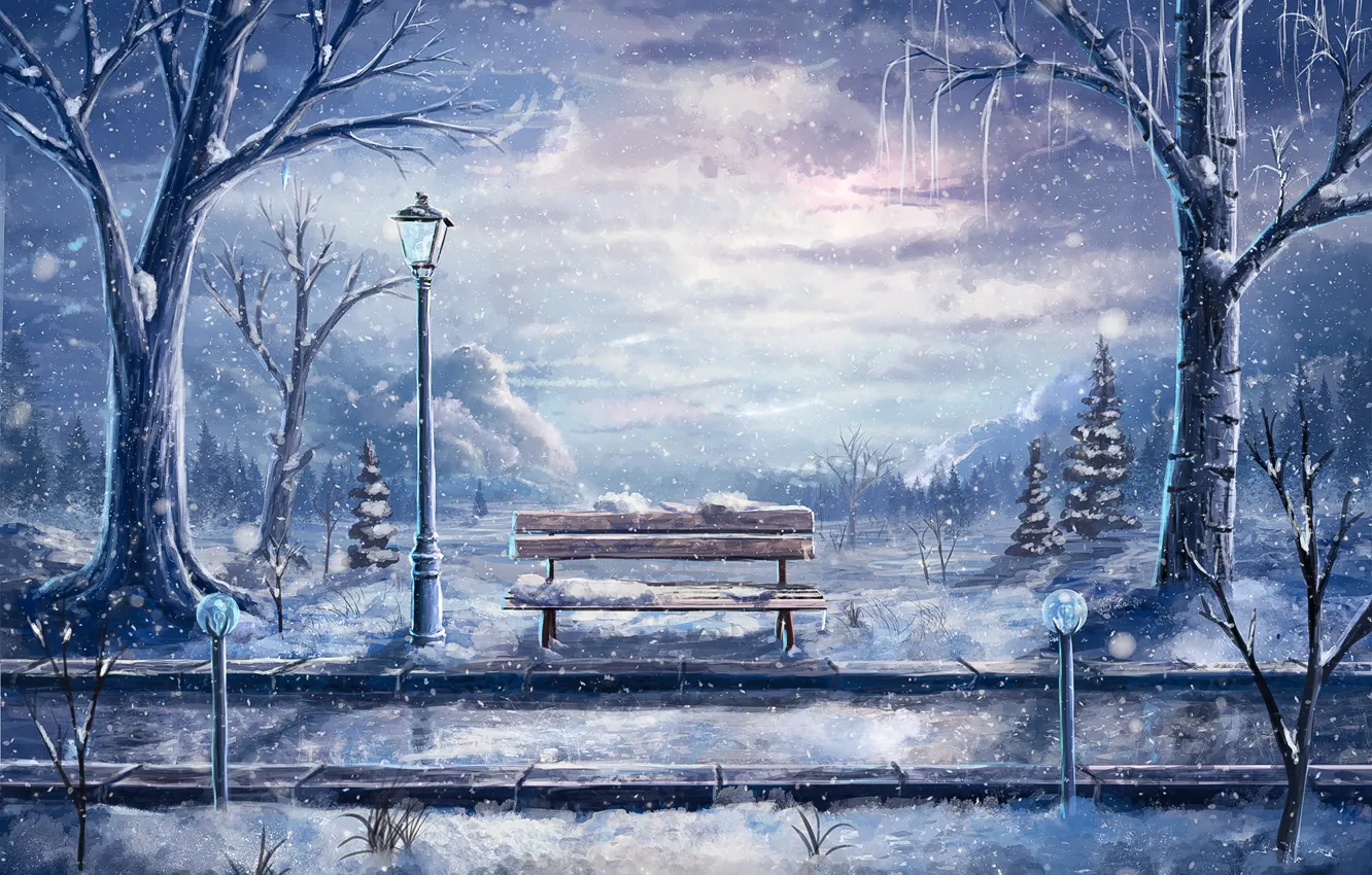 Photo wallpaper snow, art, shop, lantern, landscape. winter