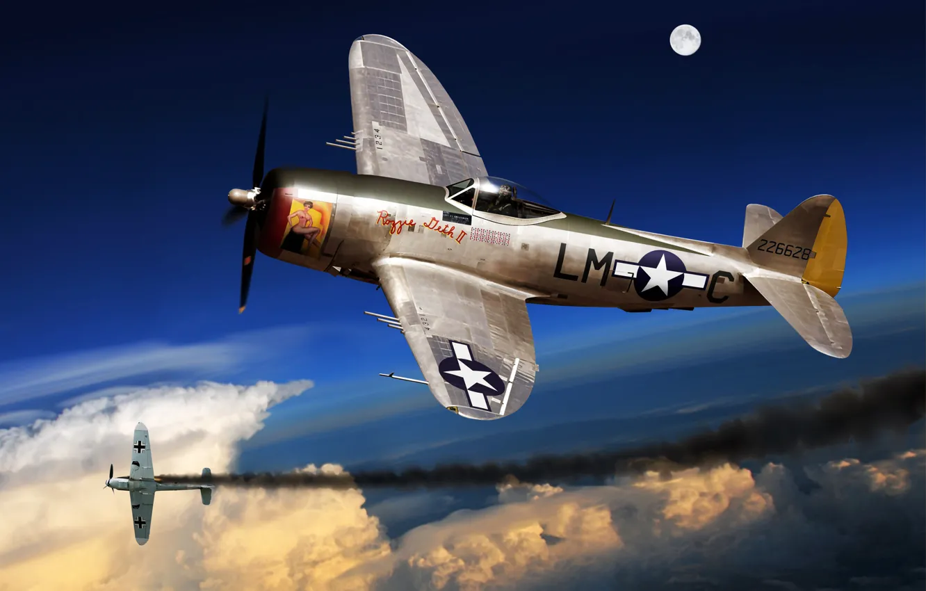 Photo wallpaper the sky, fighter, art, USA, the battle, bomber, the plane, BBC