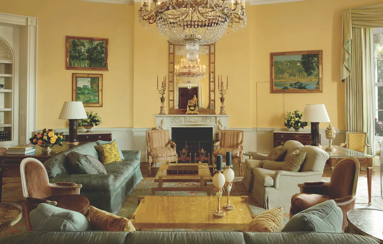 Photo wallpaper design, style, room, interior, picture, fireplace, luxury, crystal chandelier