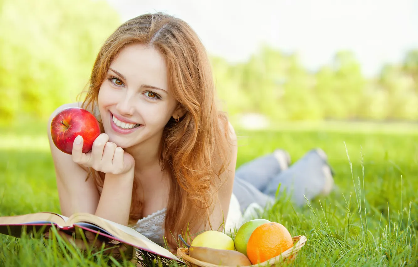 Photo wallpaper look, girl, smile, apples, orange, book, brown hair, fruit
