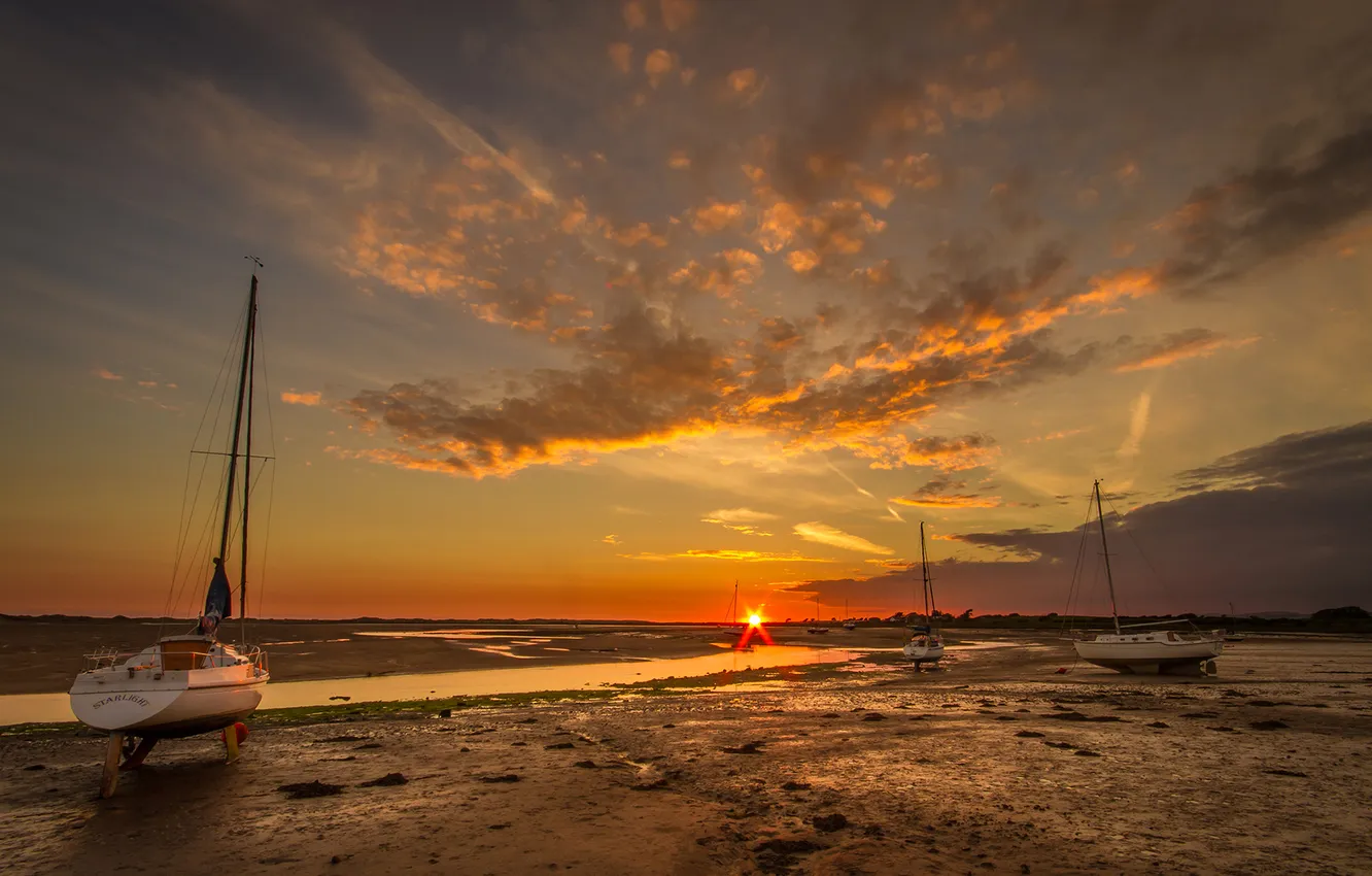 Photo wallpaper sea, the sky, clouds, sunset, boat, yacht, tide
