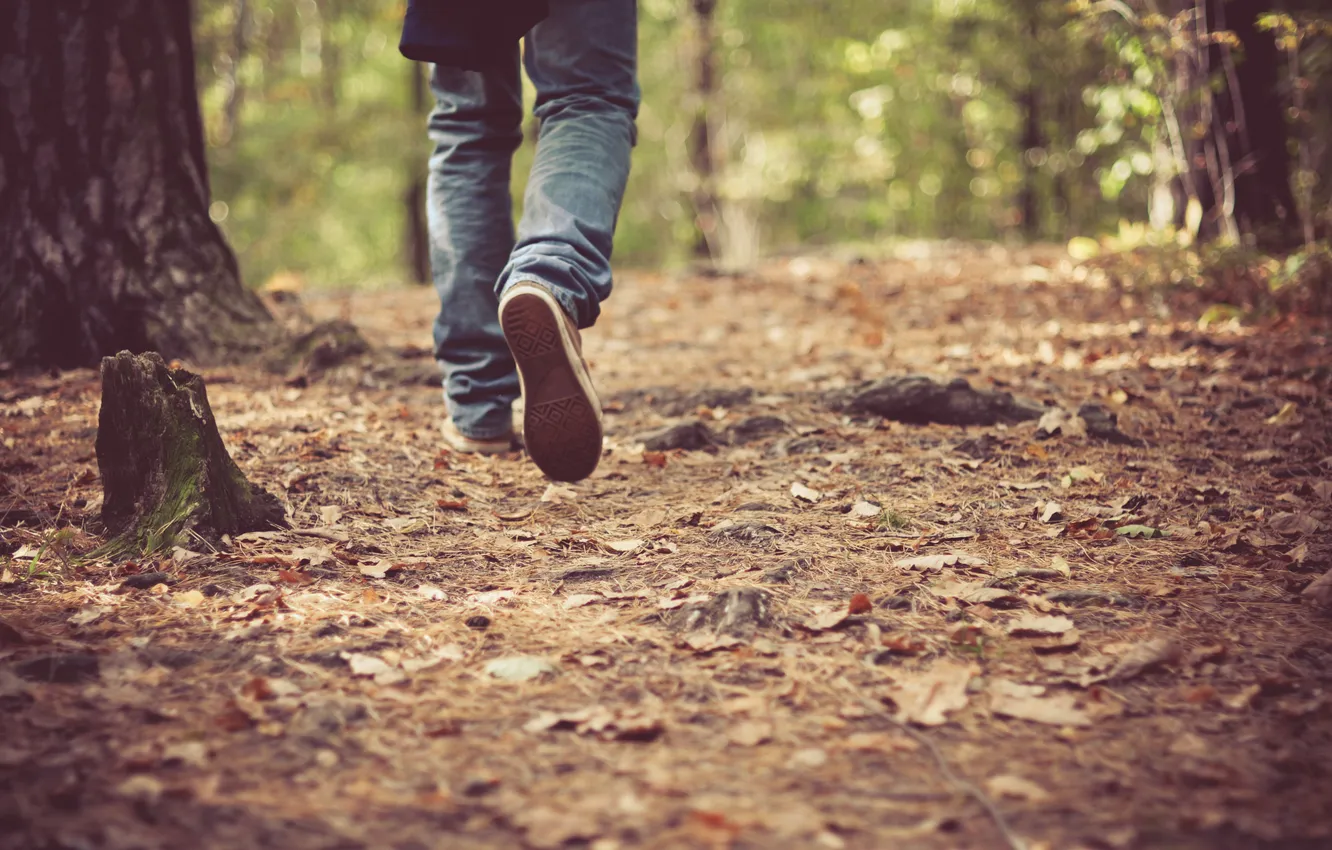 Photo wallpaper autumn, leaves, feet, shoes, jeans