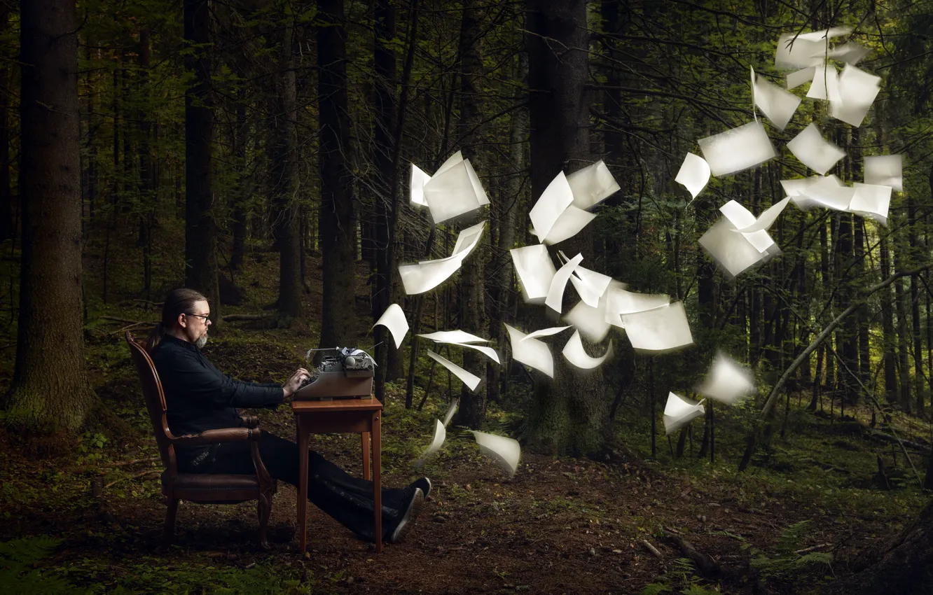 Photo wallpaper forest, people, leaves, creativity, typewriter