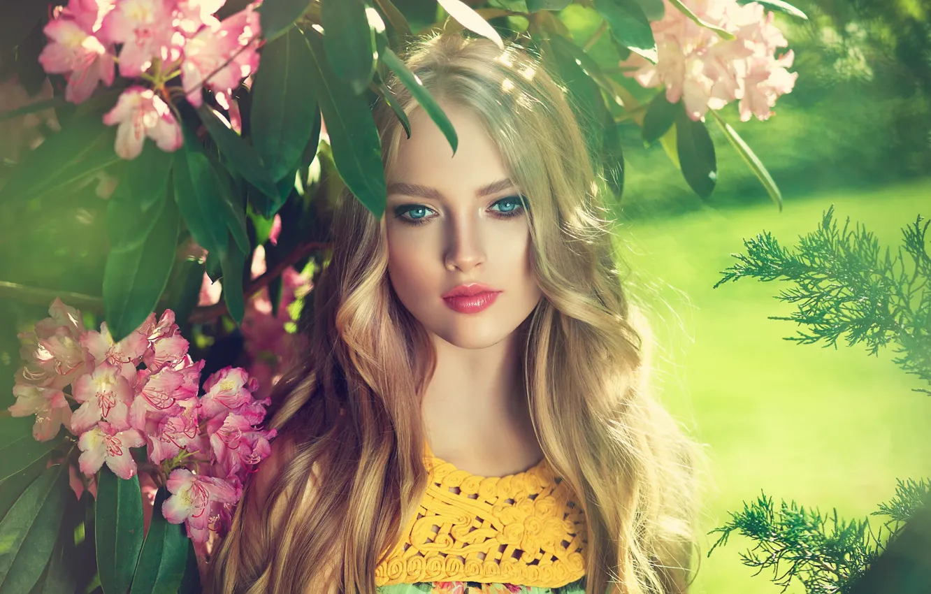 Photo wallpaper summer, look, girl, flowers, makeup, Girl, blonde, flowers