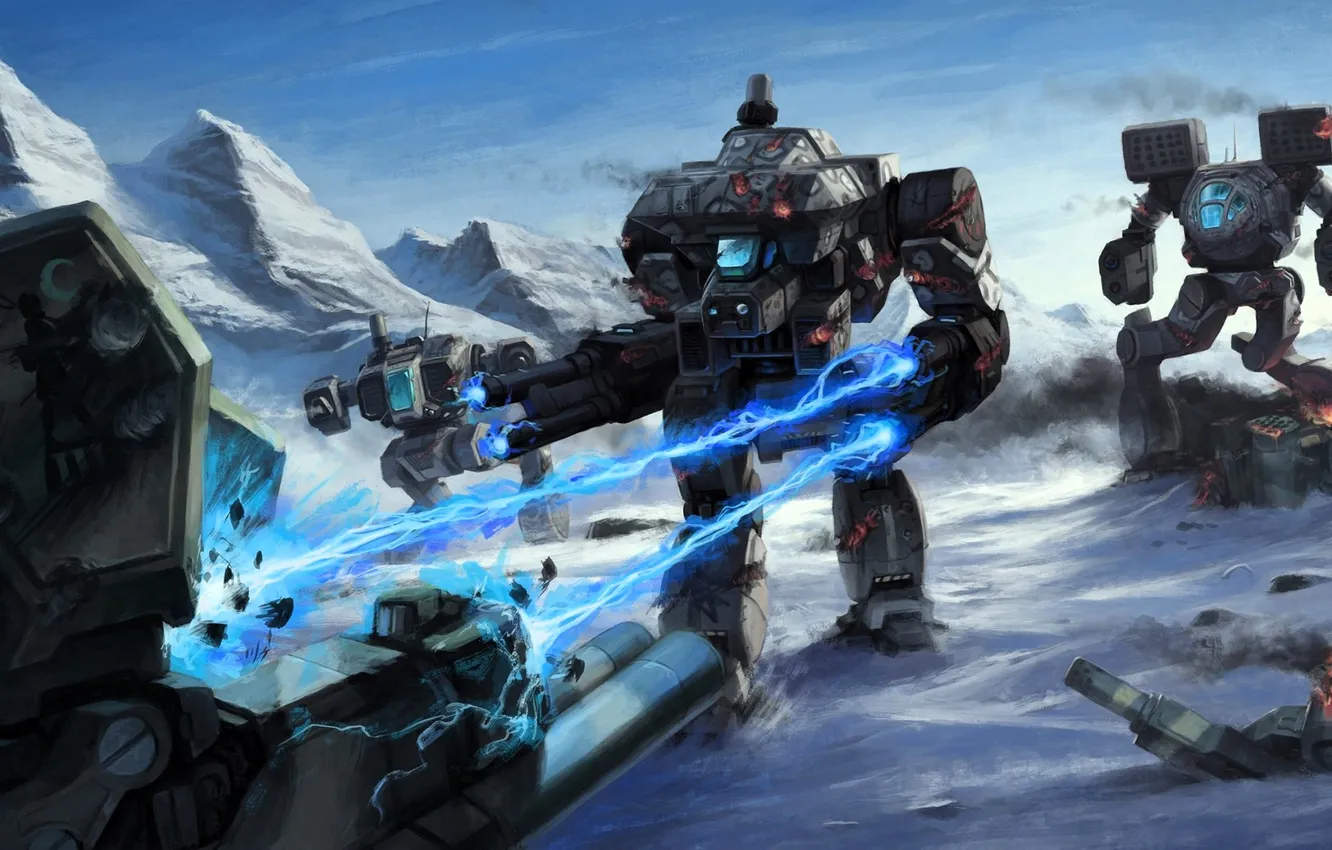 Photo wallpaper winter, energy, snow, mountains, smoke, robot, battle, cyborg