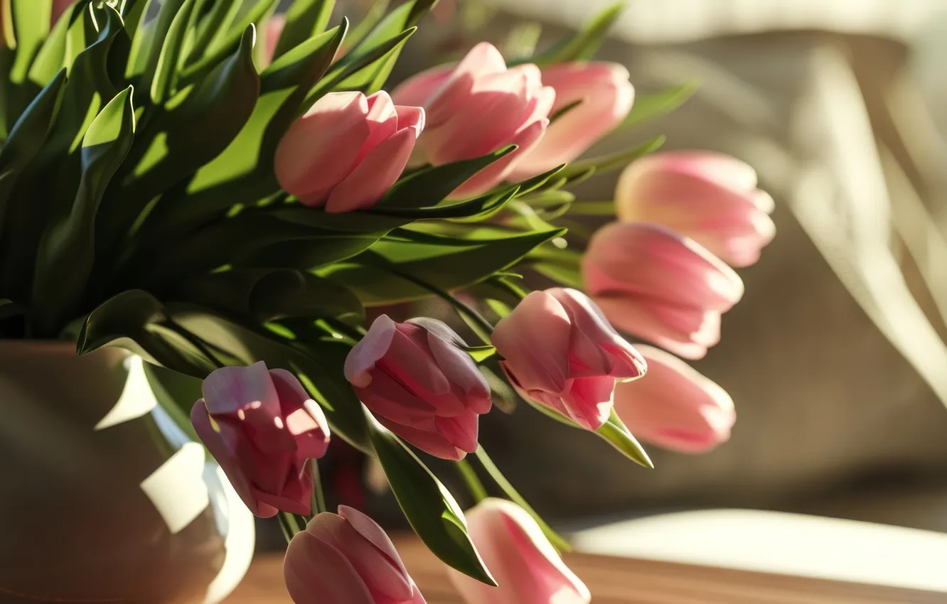 Photo wallpaper flowers, holiday, bouquet, spring, tulips, March 8, AI art, universal holiday background