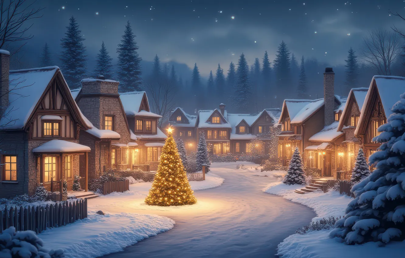 Photo wallpaper winter, road, forest, the sky, snow, night, lights, fog