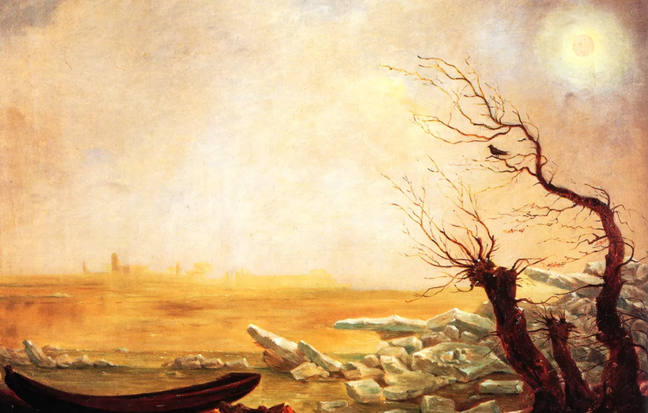 Photo wallpaper the sun, romanticism, Carl Gustav Carus, Boat in Ice Floating Ice, German school of painting