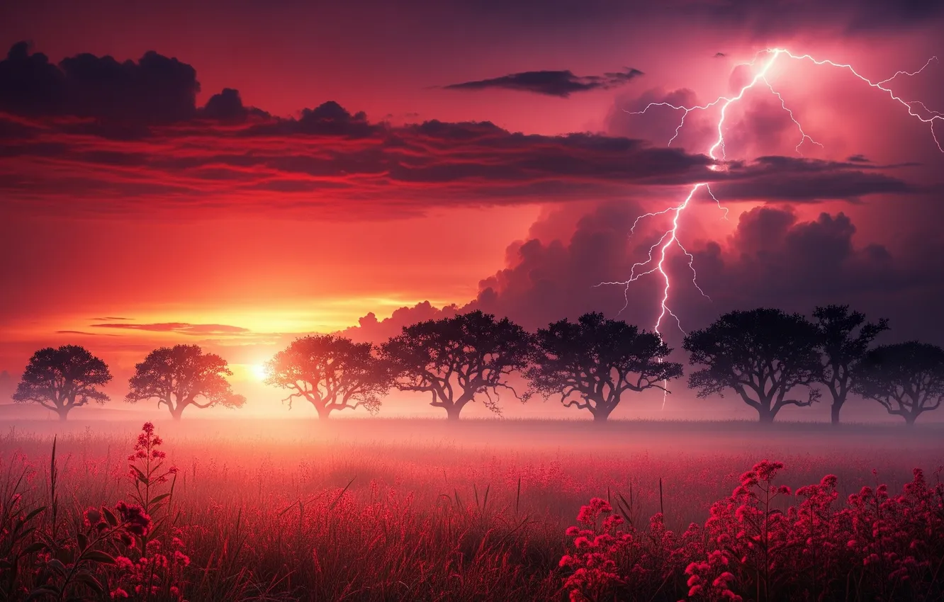 Photo wallpaper the sky, clouds, red, background, Wallpaper, lightning, art, wallpaper