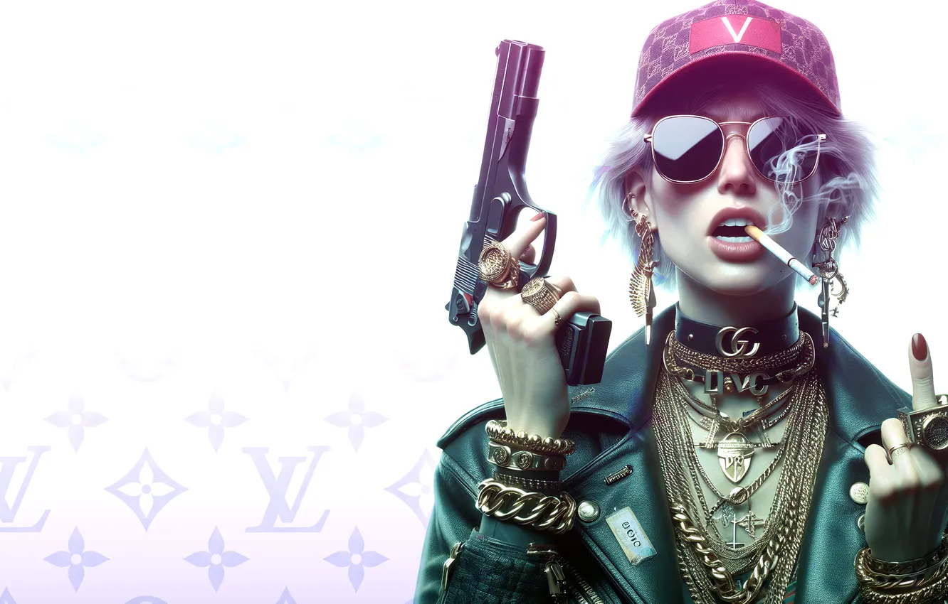 Photo wallpaper Louis Vuitton, Cyberpunk 2077, Cyberpunk, AI Art, V (Cyberpunk 2077)
