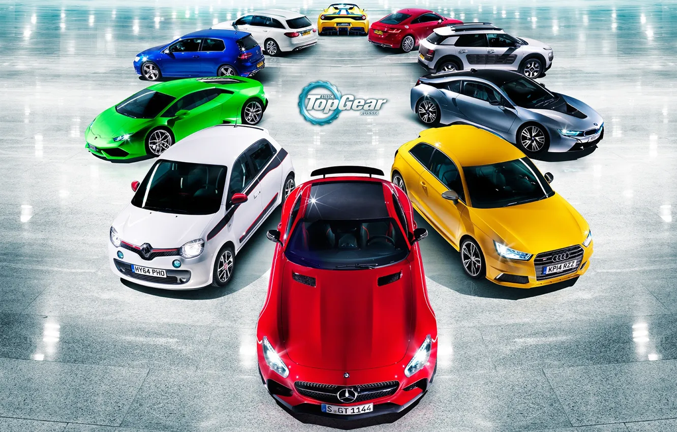 Photo wallpaper Audi, Mercedes-Benz, Lamborghini, BMW, Volkswagen, Renault, Top Gear, Ferrari
