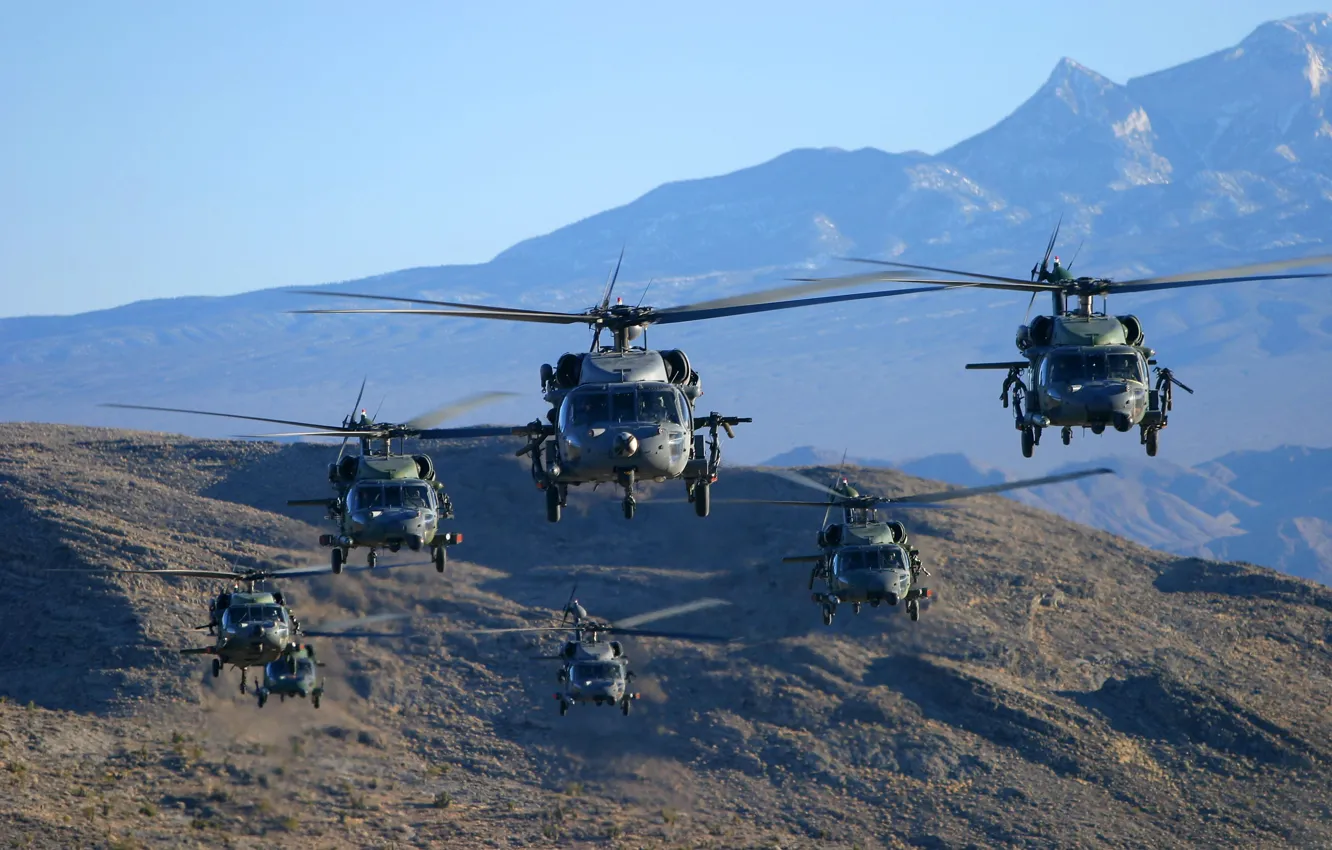 Photo wallpaper mountains, flight, helicopter, Black Hawk, HH-60G, Pave Hawk, MH-60