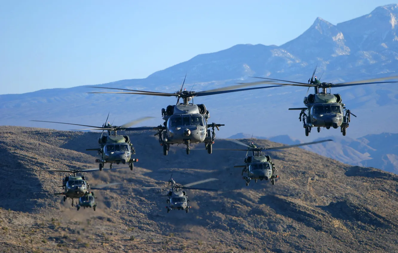 Photo wallpaper flight, mountains, helicopter, Black Hawk, HH-60G, Pave Hawk, MH-60