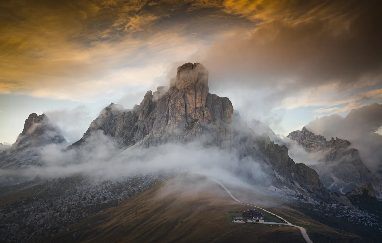 Photo wallpaper house, sky, landscape, Italy, nature, mountains, clouds, rocks
