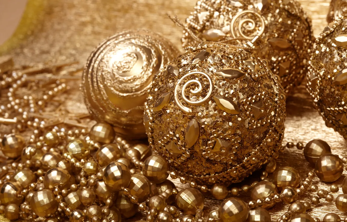 Photo wallpaper balls, toys, New Year, Christmas, beads, the scenery, Christmas, gold