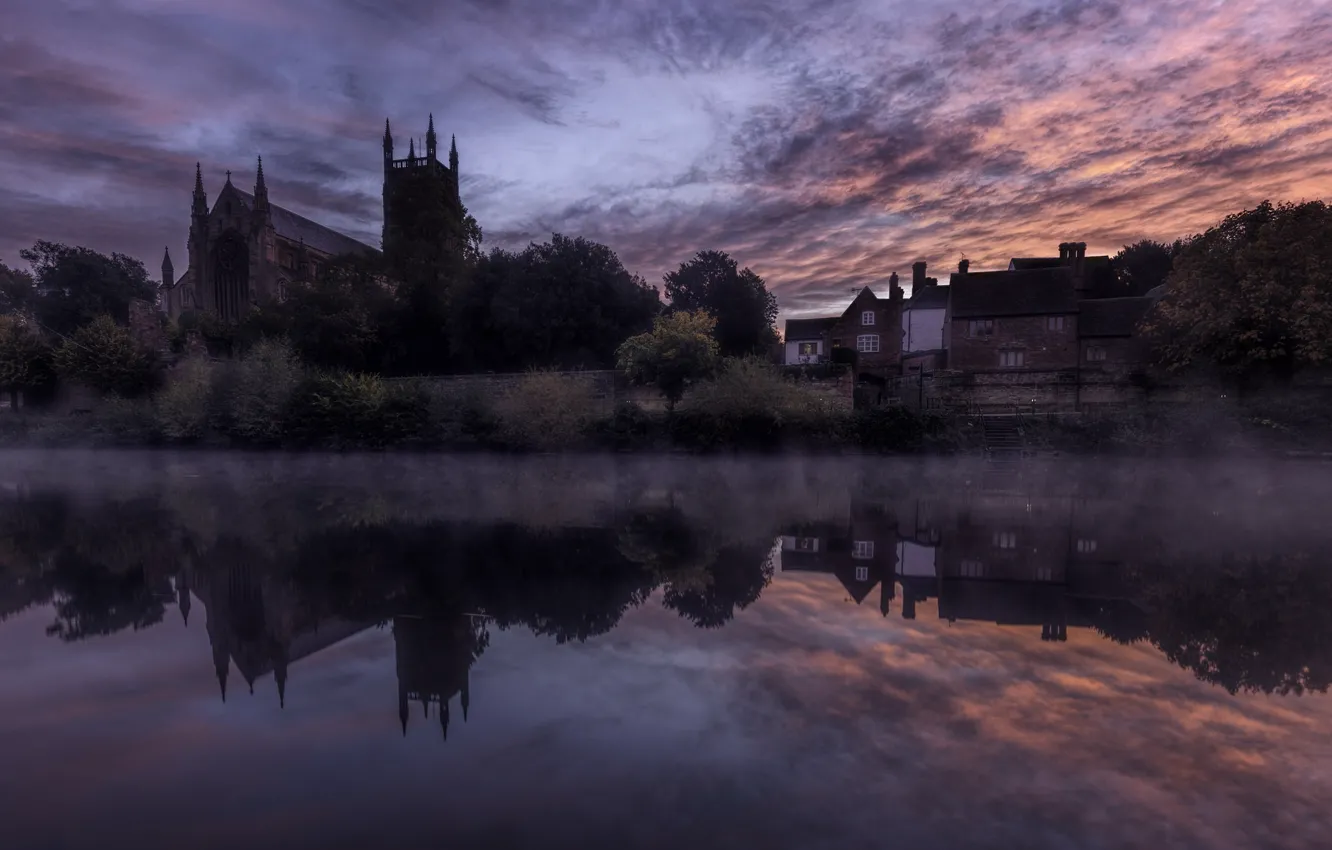 Photo wallpaper the sky, reflection, fog, castle, dawn, Gothic, home, pond