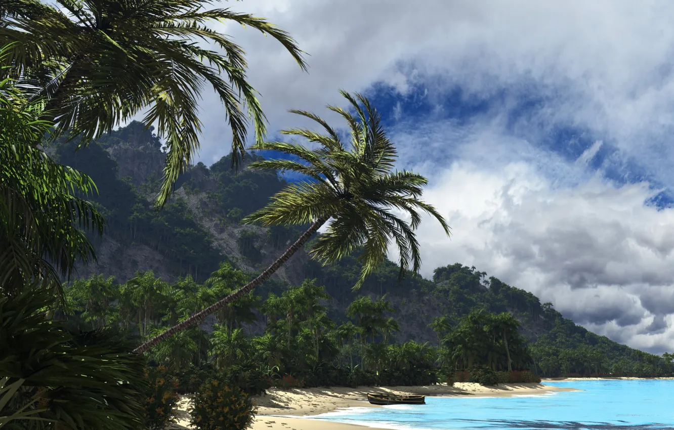 Photo wallpaper sea, clouds, nature, tropics, palm trees, hills, shore, boat
