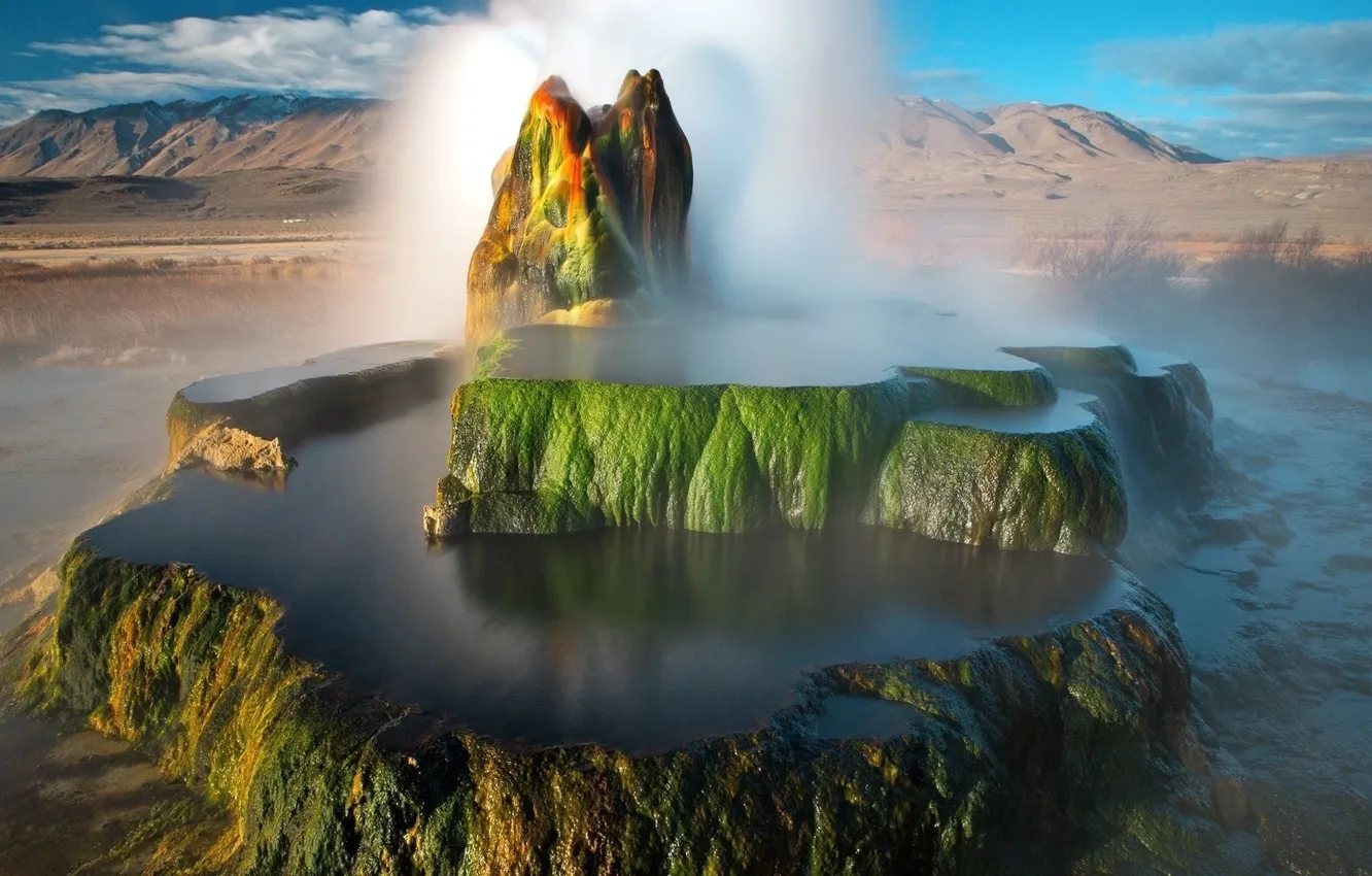 Photo wallpaper water, clouds, landscape, mountains, nature, geyser