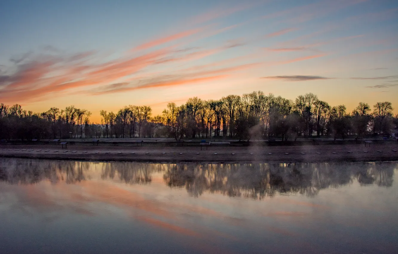 Photo wallpaper the sky, clouds, trees, nature, reflection, river, dawn, spring