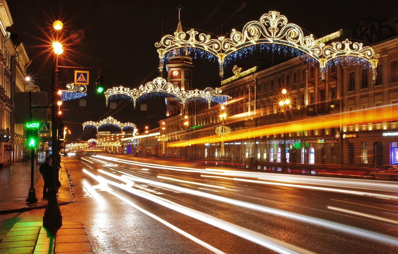 Photo wallpaper road, night, lights, movement, home, excerpt, lights, Saint Petersburg