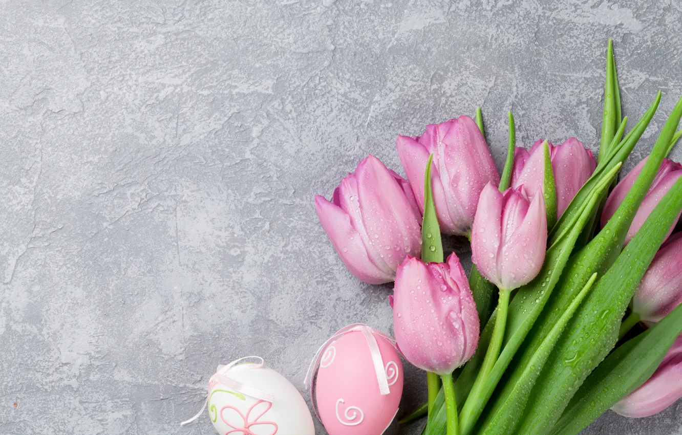 Photo wallpaper Easter, tulips, pink, pink, tulips, spring, Easter, eggs