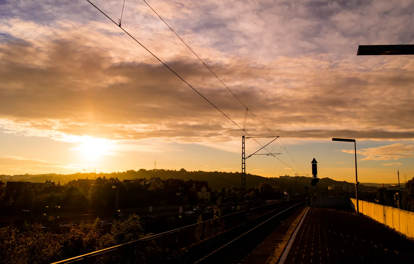 Photo wallpaper Clouds, Sky, Station, Sun, Sunrise, Dawn, View, Stuttgart