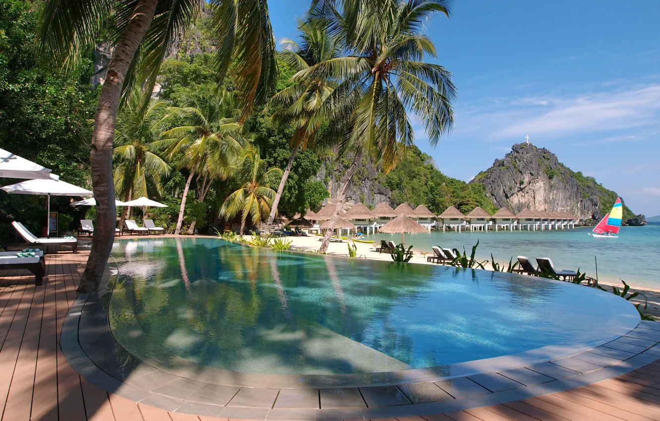 Photo wallpaper beach, palm trees, the ocean, pool, resort, Villa, Bungalow, Philippines