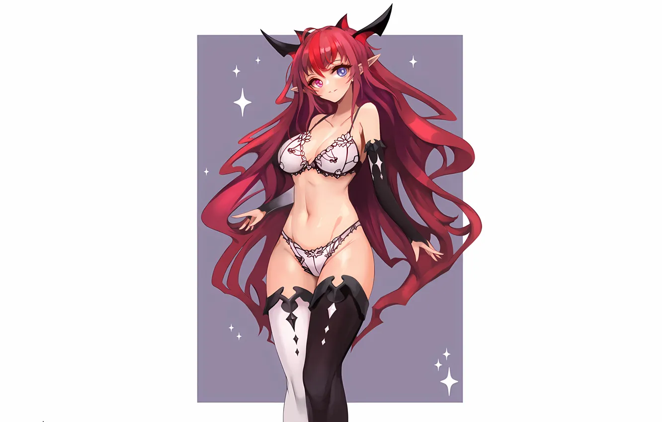 Photo wallpaper girl, sexy, lingerie, bra, cleavage, panties, thighhighs, horns