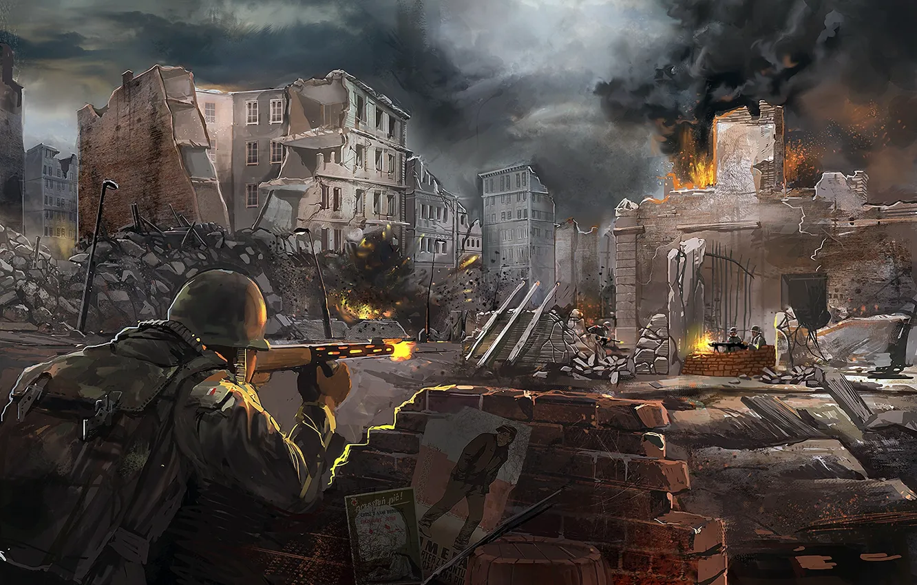 Photo wallpaper the city, weapons, war, shot, art, soldiers, ruins, battle
