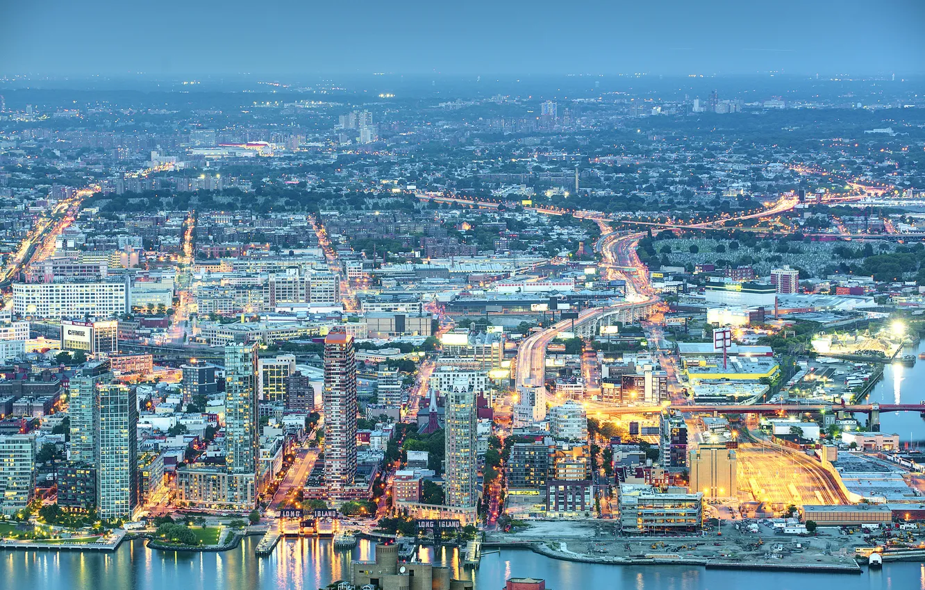 Photo wallpaper road, the city, lights, building, the evening, USA - New_York - Long Island