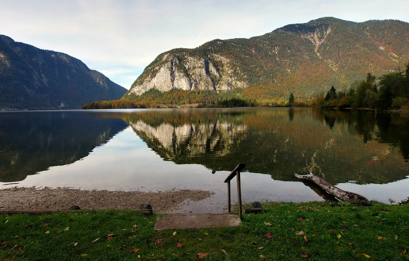 Photo wallpaper grass, mountains, lake, surface, reflection, railings