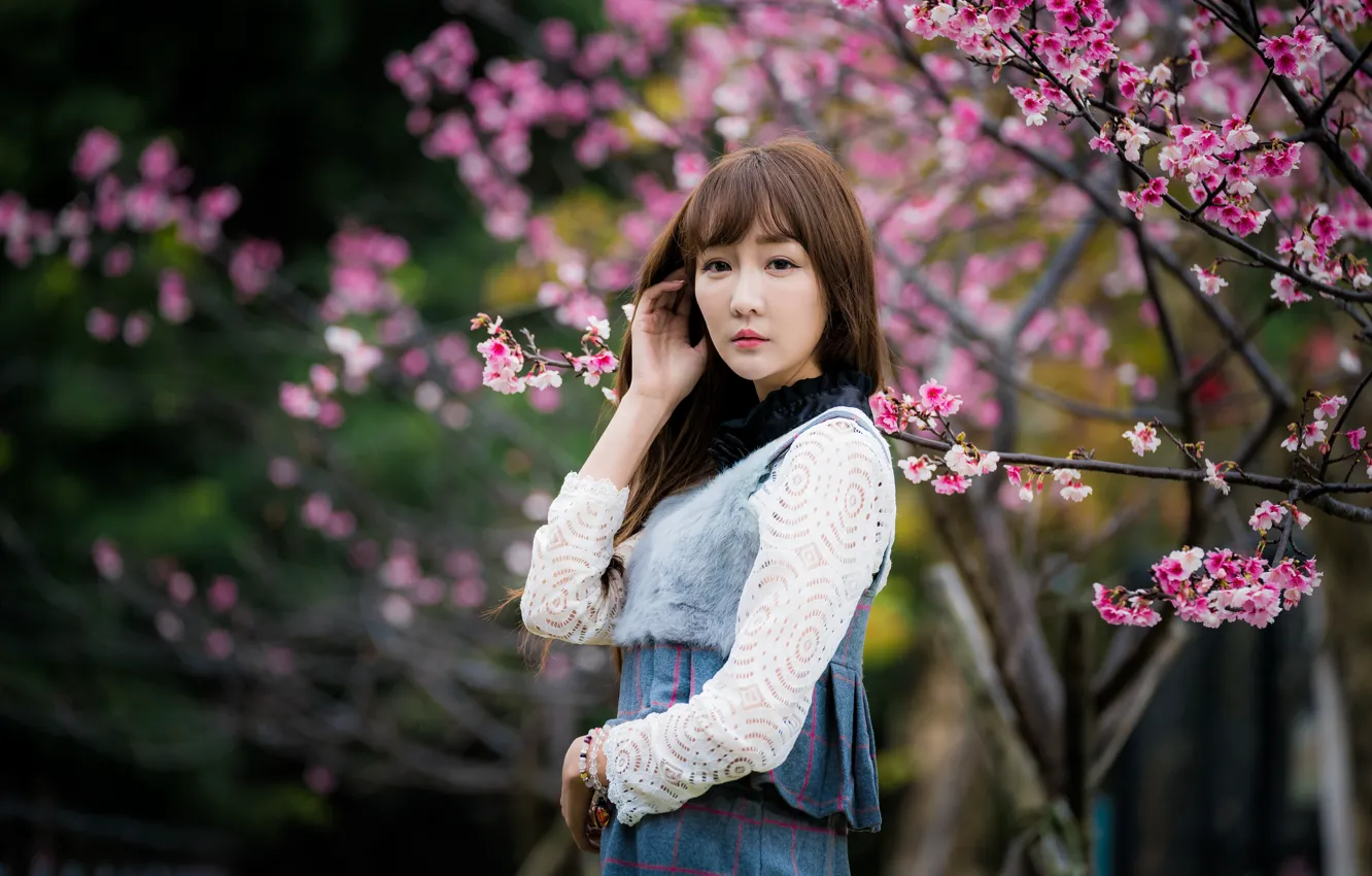 Photo wallpaper girl, branches, Asian, flowering, bokeh