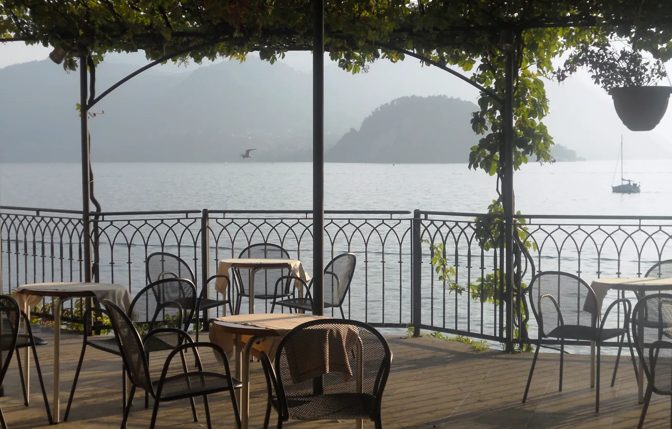 Photo wallpaper city, Italy, terrace, tables, Lake Como