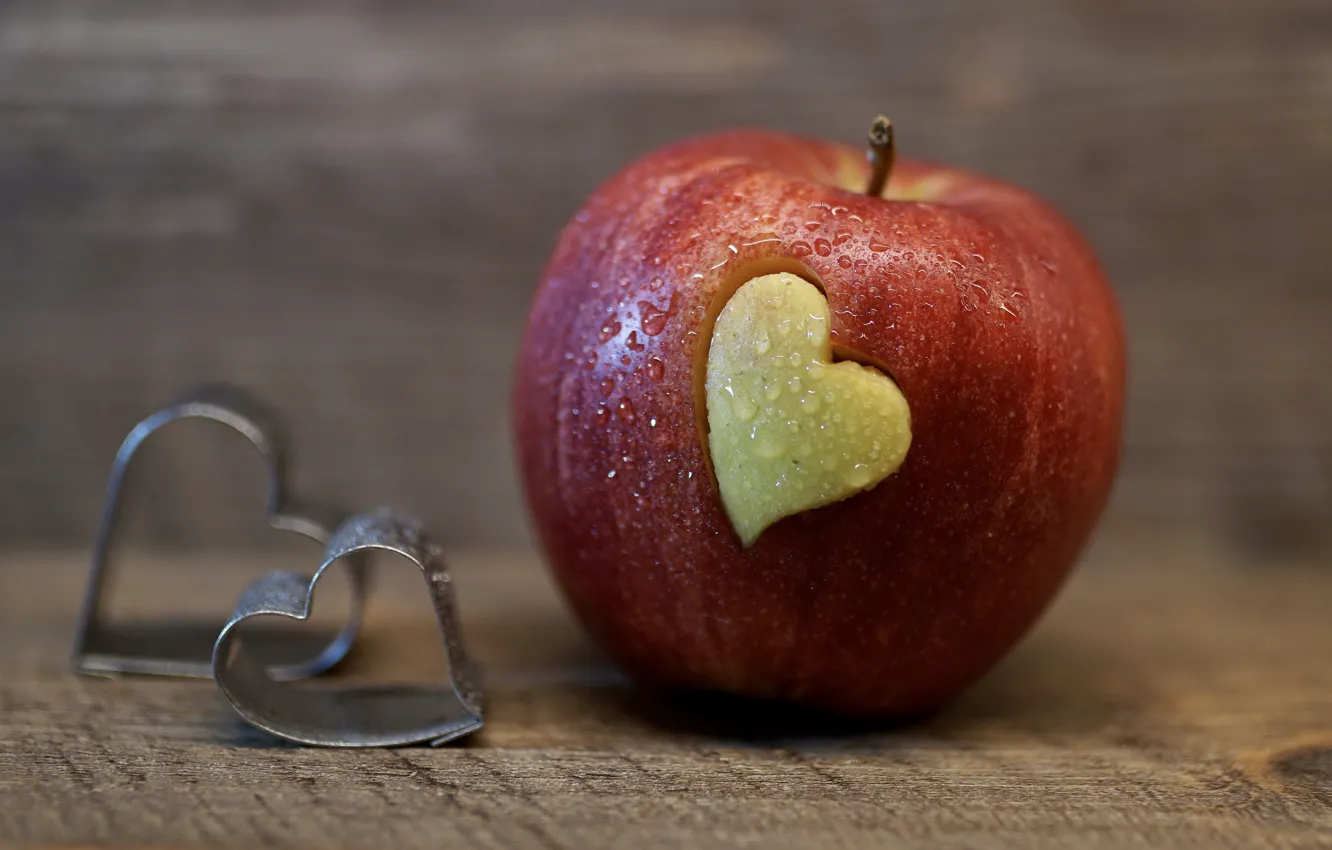 Photo wallpaper drops, love, background, red, heart, Apple, food, fruit