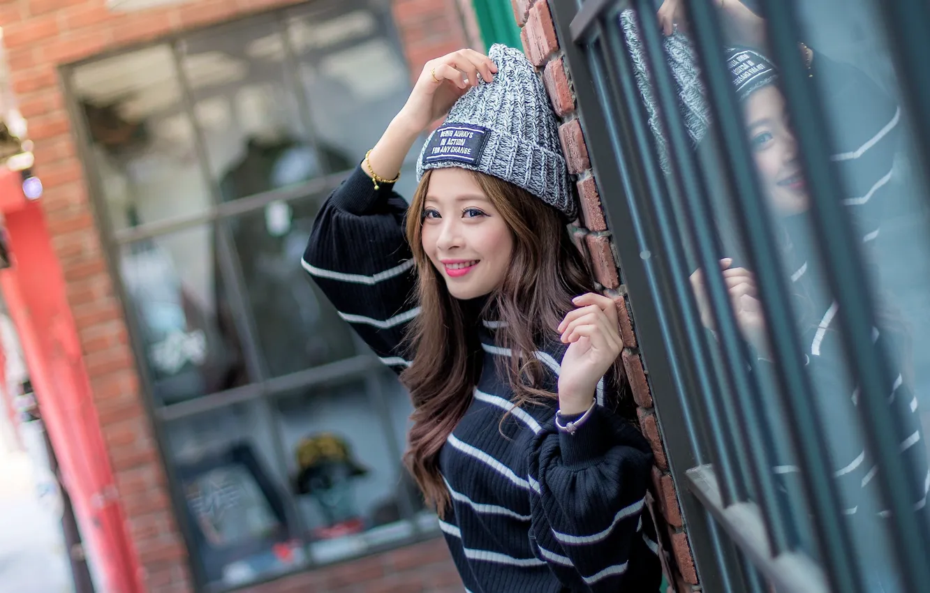 Photo wallpaper girl, smile, hair, Asian, cap, sweater