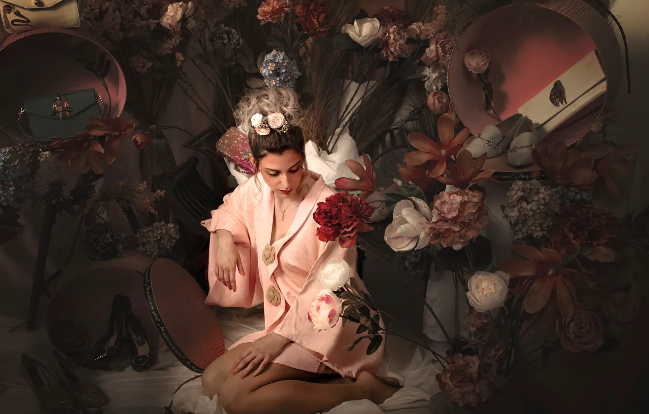 Photo wallpaper girl, flowers, pose, mood