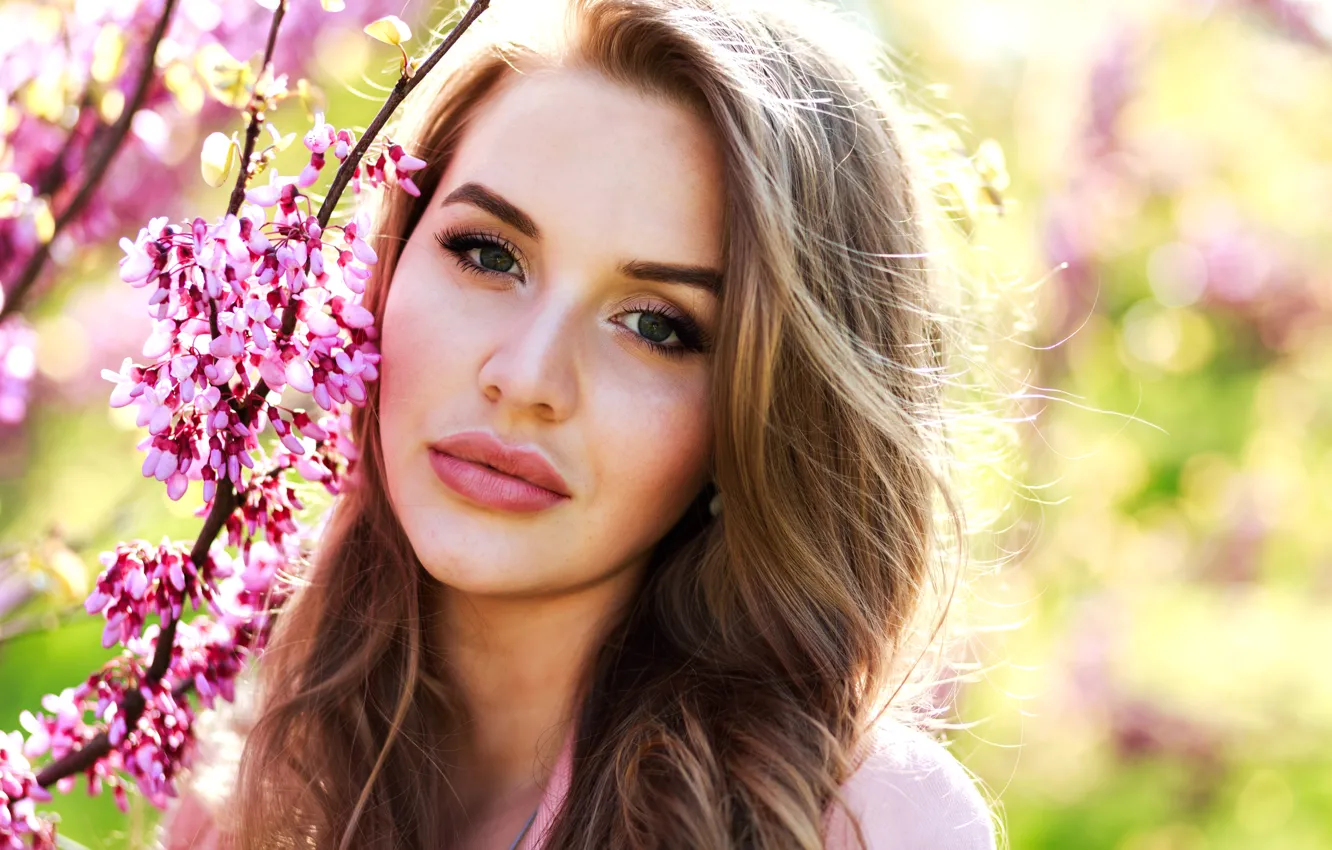 Photo wallpaper look, girl, flowers, branches, nature, pose, portrait, makeup