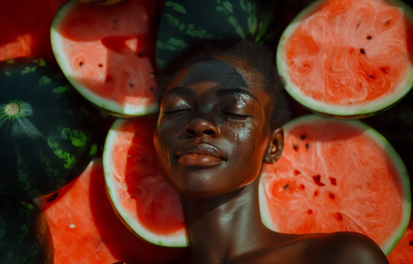 Photo wallpaper summer, girl, light, face, pose, portrait, shadow, watermelon