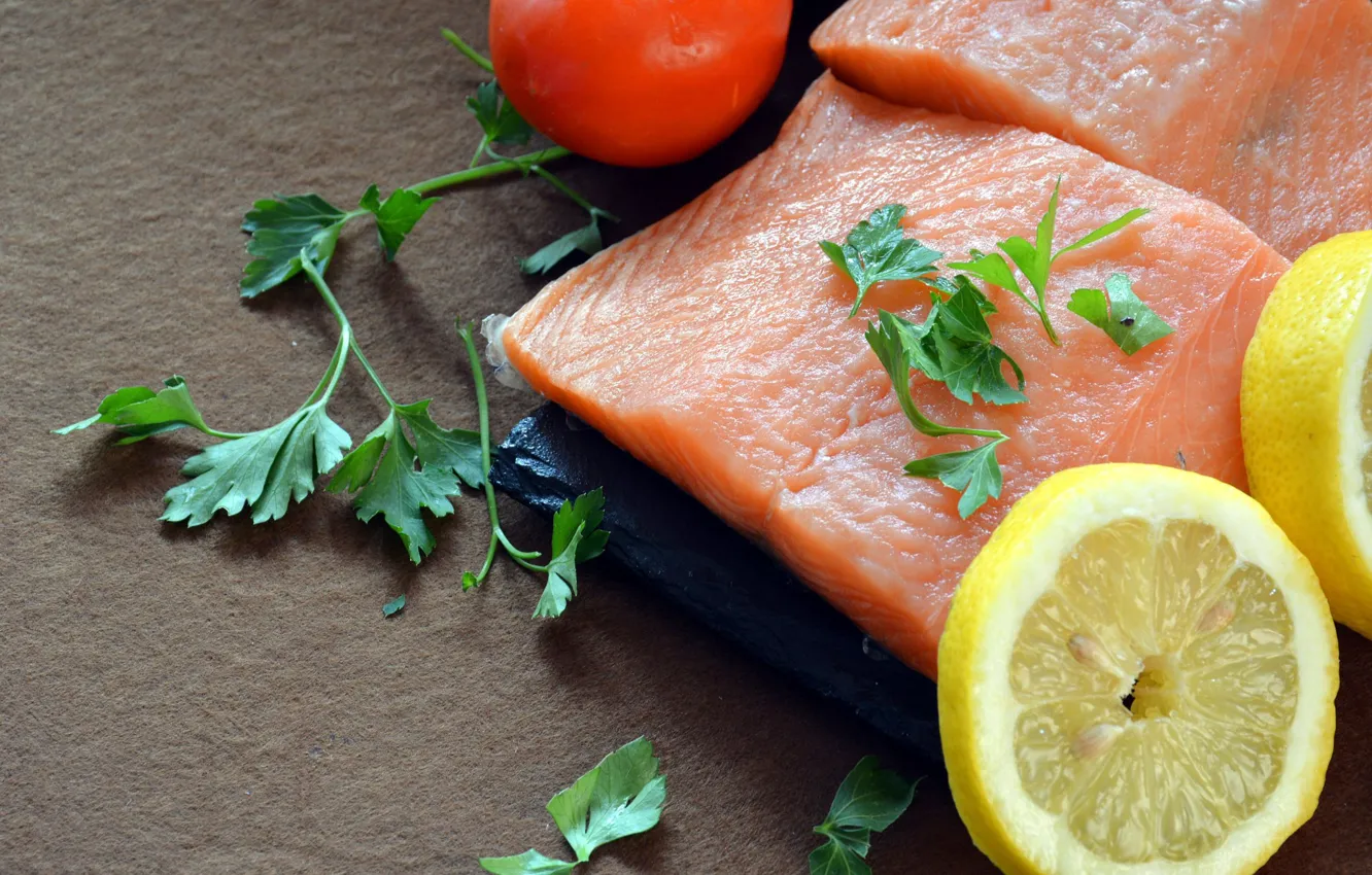 Photo wallpaper lemon, food, fish, tomatoes, parsley, piece