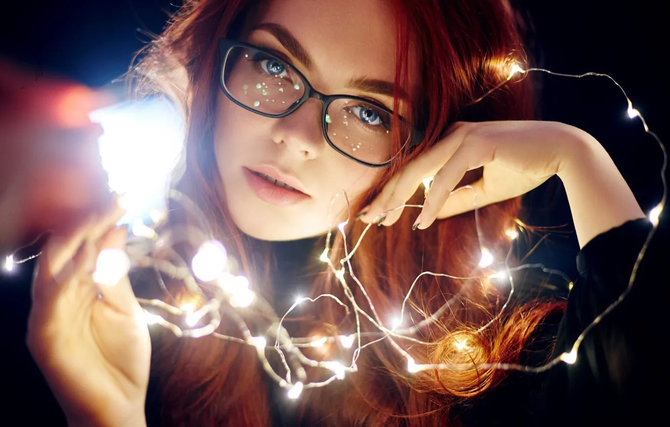 Photo wallpaper look, face, mood, hands, glasses, garland, Ekaterina Bulavina