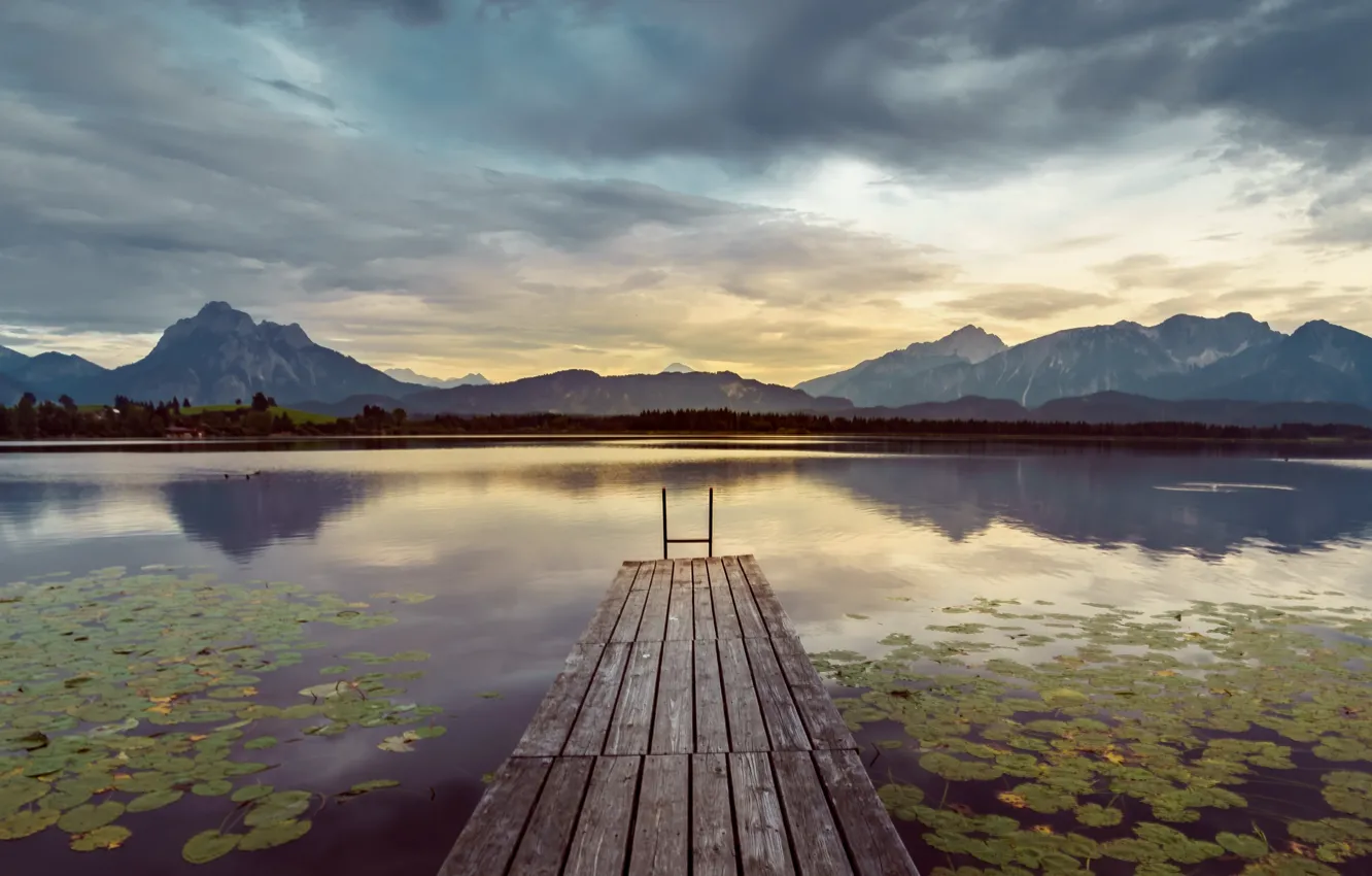 Photo wallpaper mountains, lake, Germany, the bridge, Bavaria, Hopfensee