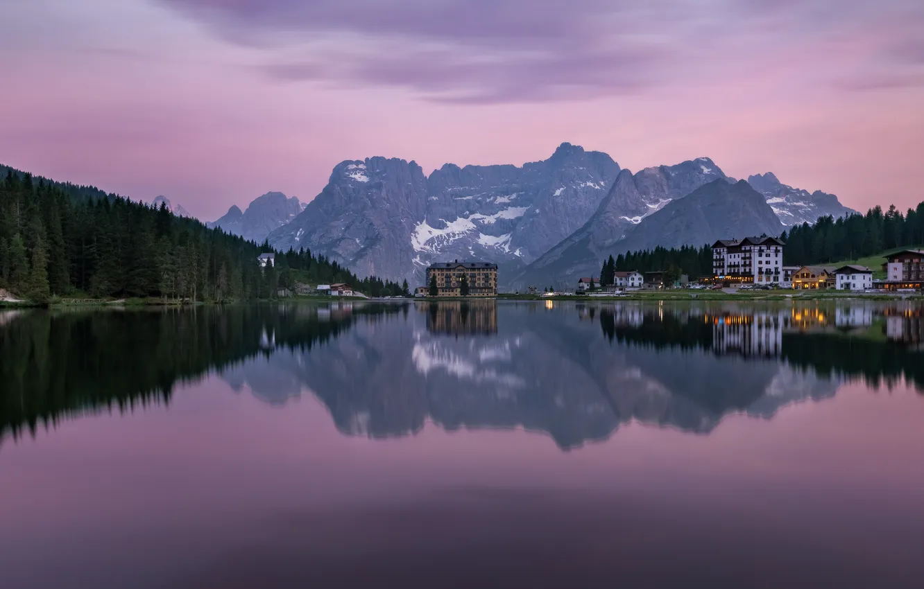 Photo wallpaper forest, clouds, snow, mountains, lights, lake, reflection, shore