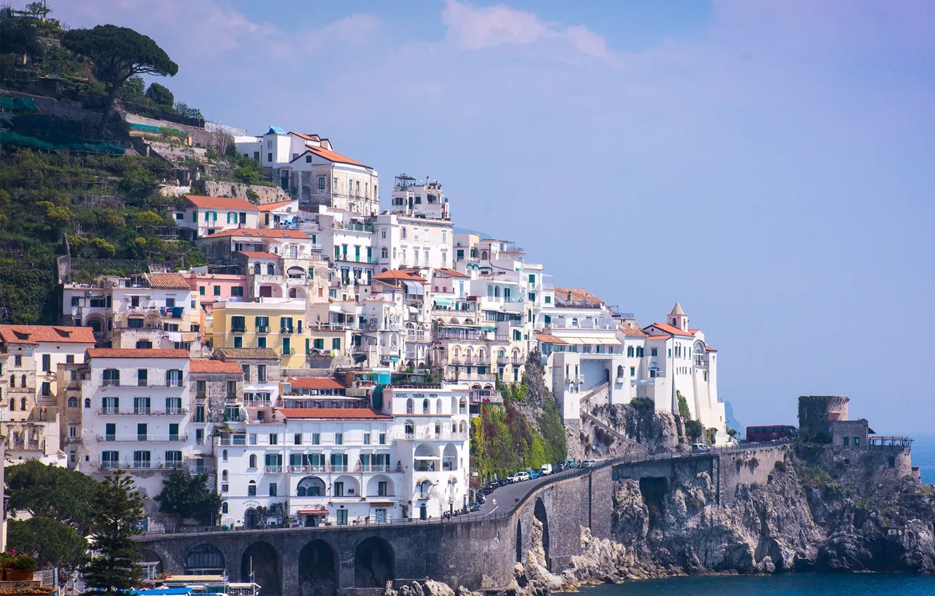 Photo wallpaper city, house, road, sea, landscape, Italy, Campania, Amalfi