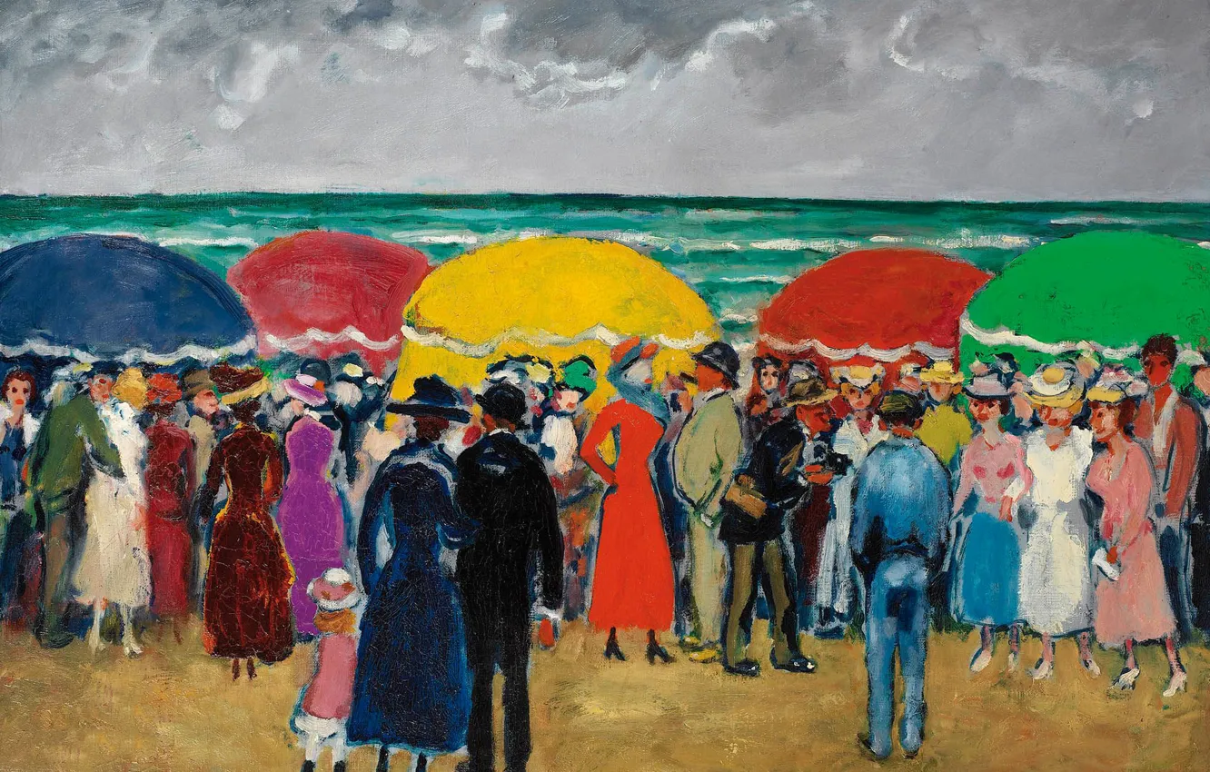 Photo wallpaper sea, people, shore, picture, umbrella, genre, Kees van Dongen, Sunday on the beach