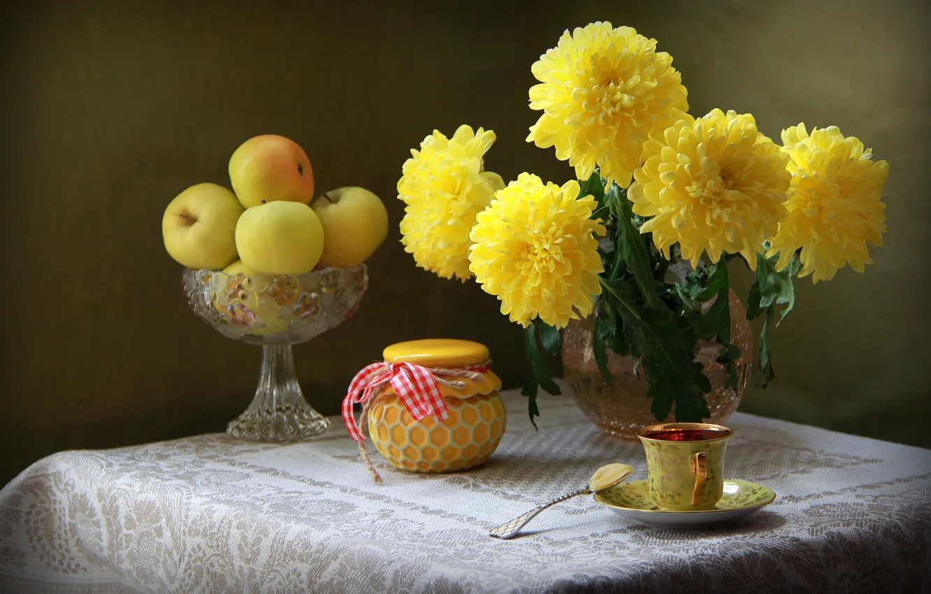 Photo wallpaper still life with flowers, still life with chrysanthemums, still life with apples, still life with …