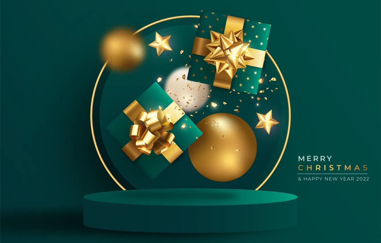 Photo wallpaper balls, balls, Christmas, gifts, New year, stars, green background